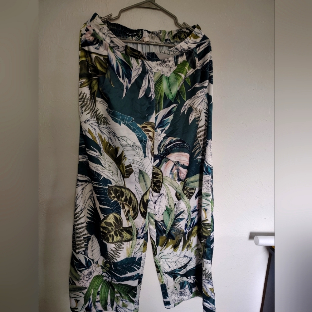 Peach Tropical Leaf Print Pants